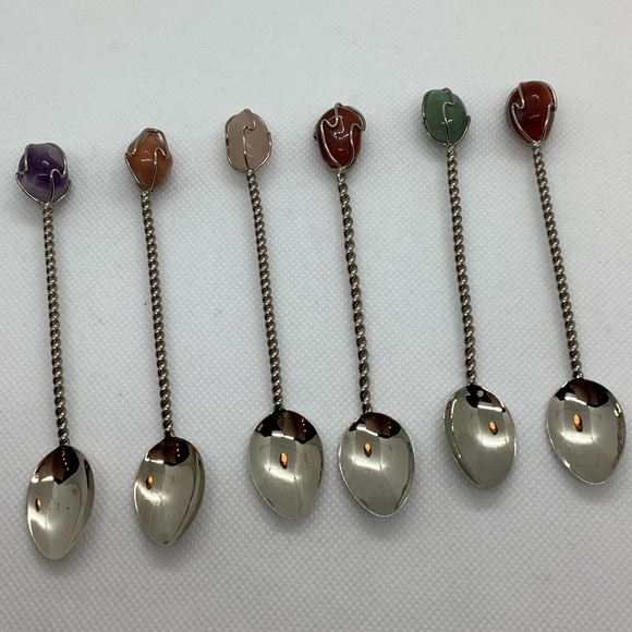 Silver Tone Twisted Semi Precious Gemstone Handle Demitasse Spoons Set of 6 - Picture 4 of 16
